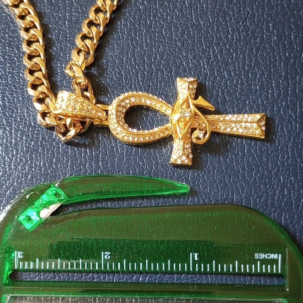GOLD ANKH, "BLING", LAB CREATED DIAs. - PENDANT &   (24"-L  & 7 mm -W) NECKLACE